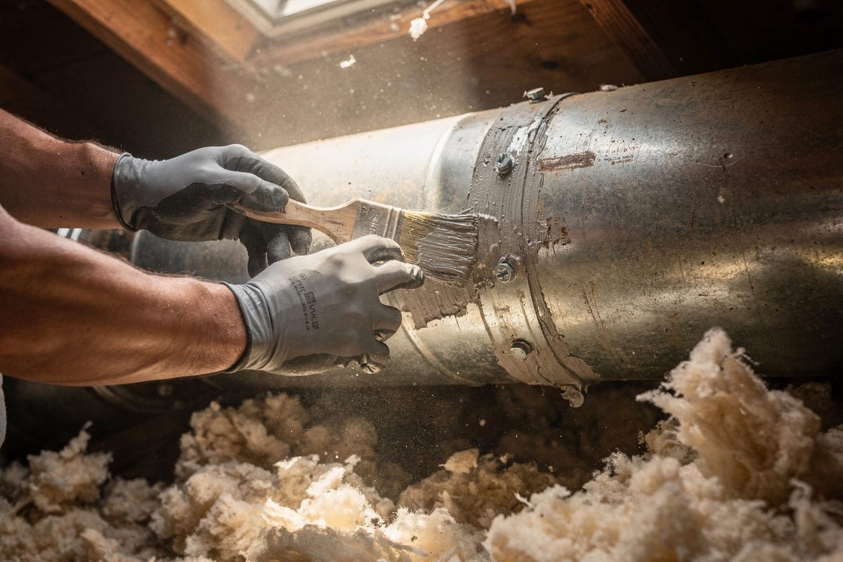 Gloved hands applying mastic sealant to a duct joint in a dusty attic